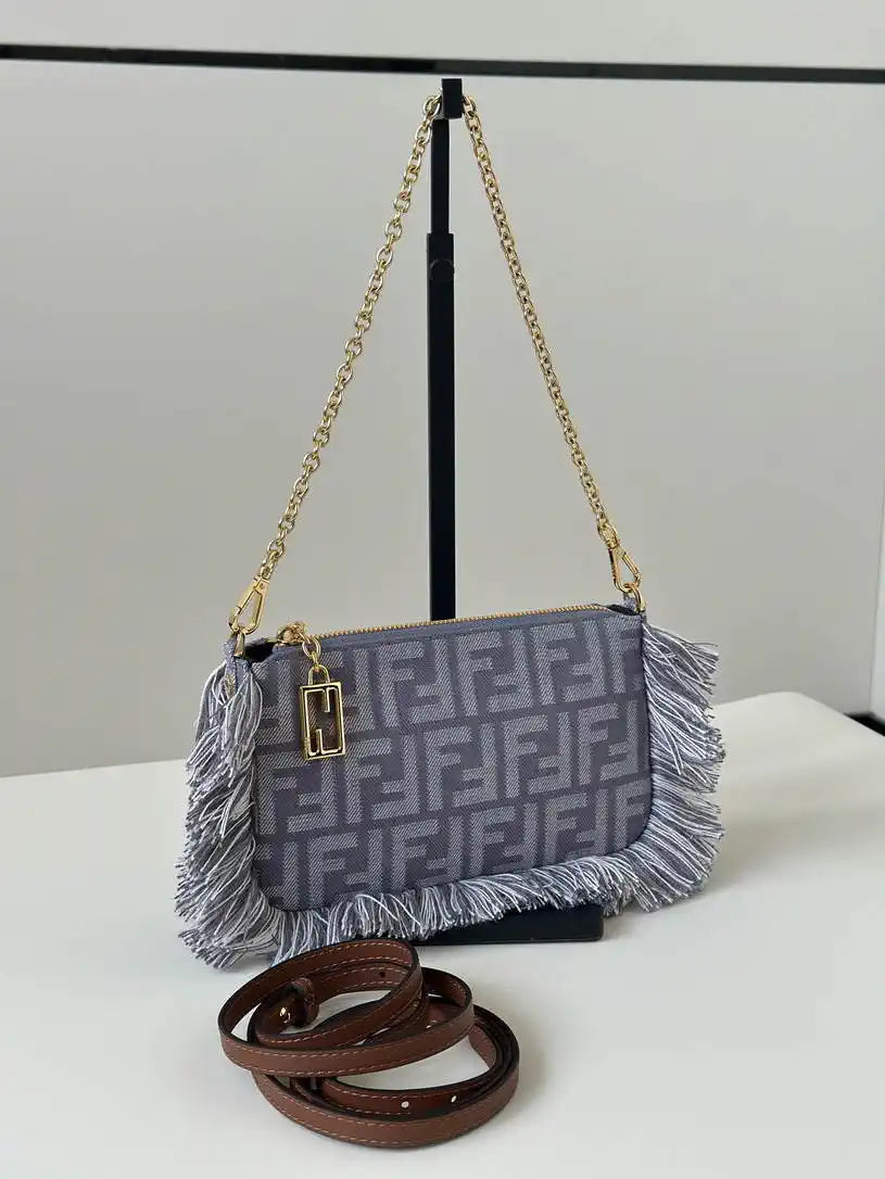 Fendi  8BS073 Baguette Pouch Blue denim-effect FF jacquard charm pouch with chain 073D