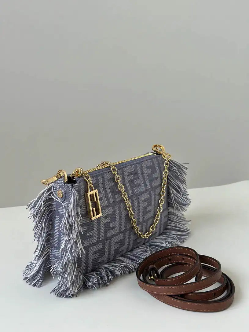 Fendi  8BS073 Baguette Pouch Blue denim-effect FF jacquard charm pouch with chain 073D