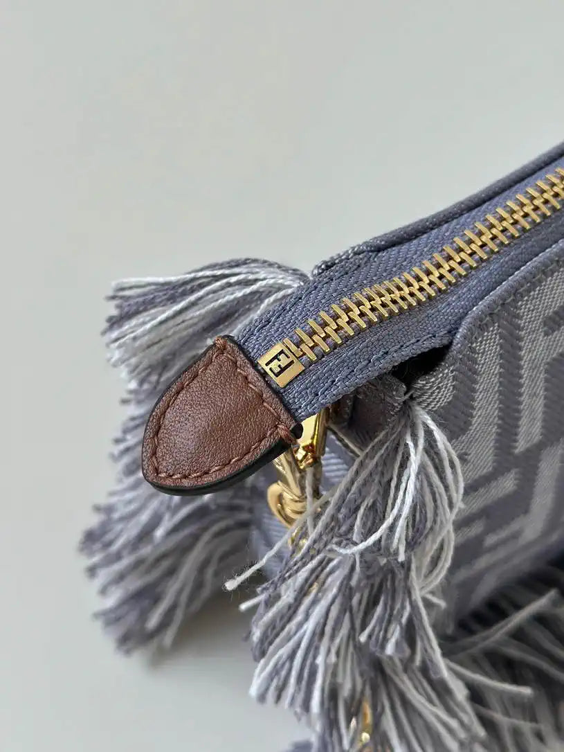 Fendi  8BS073 Baguette Pouch Blue denim-effect FF jacquard charm pouch with chain 073D
