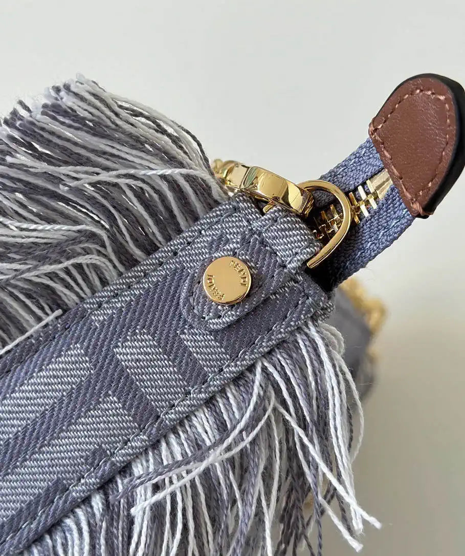 Fendi  8BS073 Baguette Pouch Blue denim-effect FF jacquard charm pouch with chain 073D
