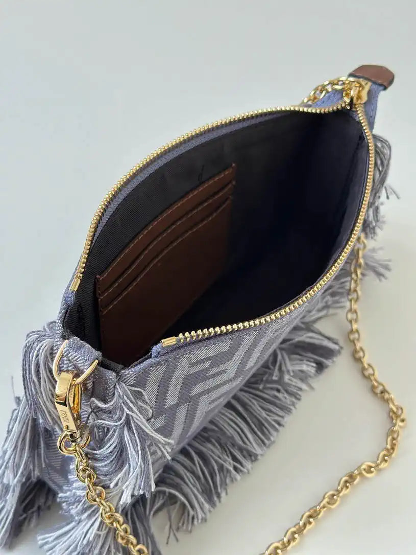 Fendi  8BS073 Baguette Pouch Blue denim-effect FF jacquard charm pouch with chain 073D