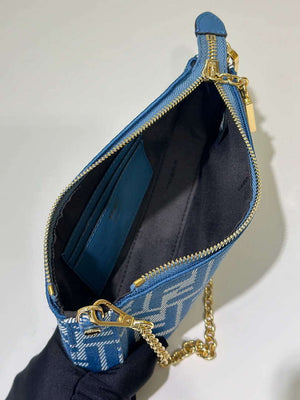 Fendi  8BS073 Baguette Pouch Blue denim-effect FF jacquard charm pouch with chain - Default Title - View 8