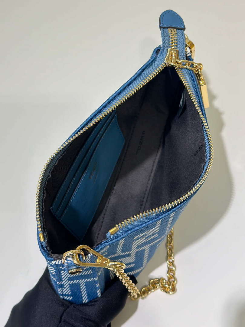 Fendi  8BS073 Baguette Pouch Blue denim-effect FF jacquard charm pouch with chain