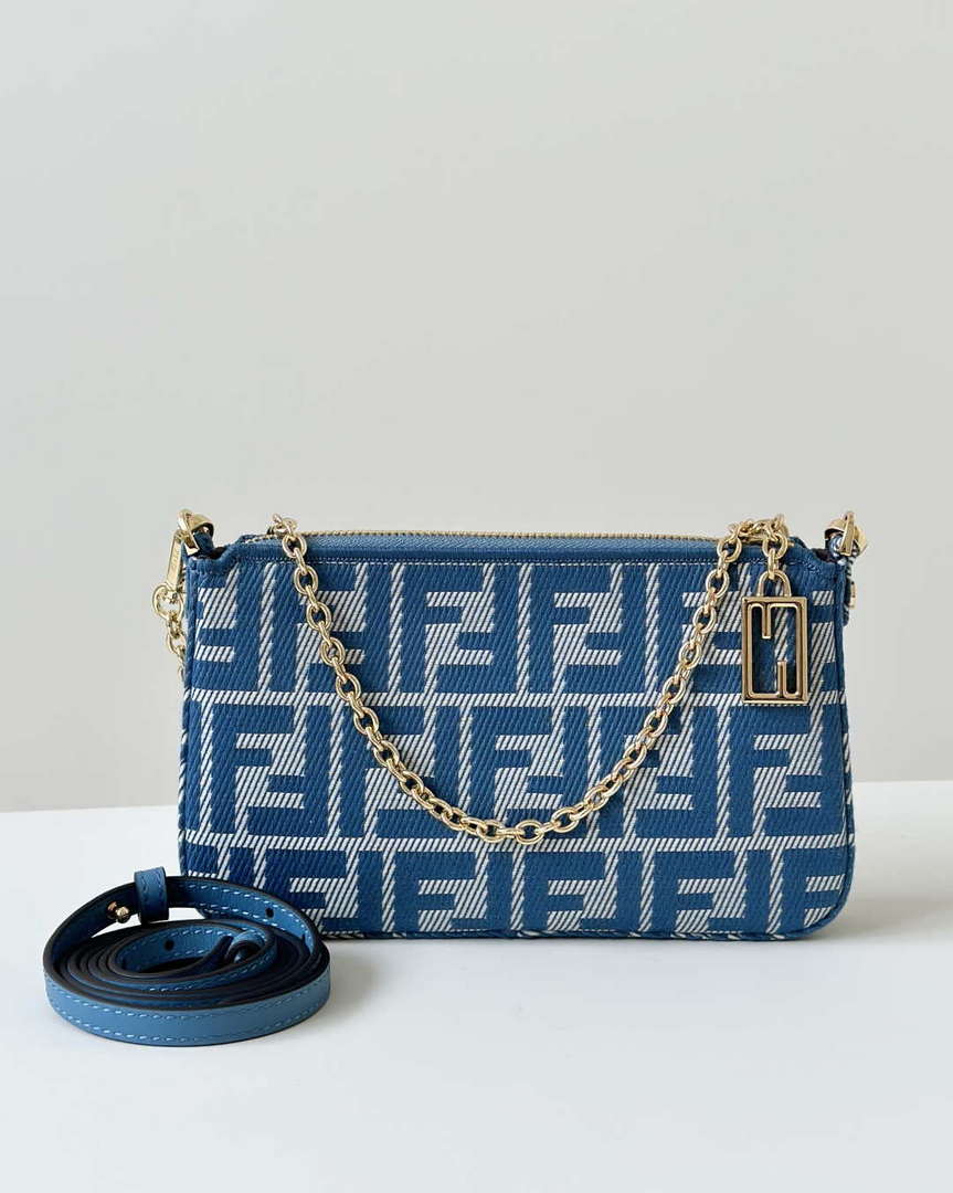 Fendi  8BS073 Baguette Pouch Blue denim-effect FF jacquard charm pouch with chain