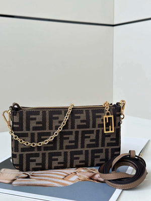 Fendi  8BS073 Baguette Pouch Bronw denim-effect FF jacquard charm pouch with chain - Default Title - View 1