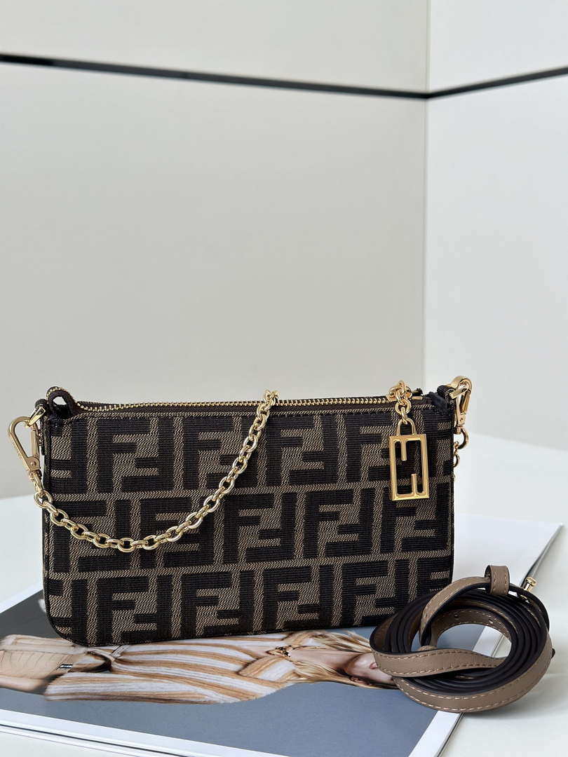 Fendi  8BS073 Baguette Pouch Bronw denim-effect FF jacquard charm pouch with chain - Default Title - View 1