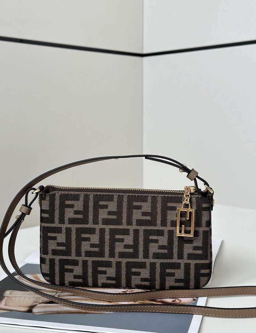 Fendi  8BS073 Baguette Pouch Bronw denim-effect FF jacquard charm pouch with chain - Default Title - View 2