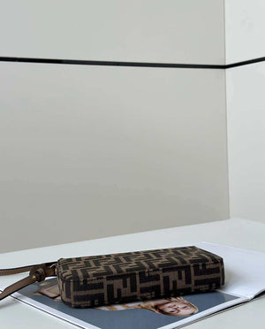 Fendi  8BS073 Baguette Pouch Bronw denim-effect FF jacquard charm pouch with chain - Default Title - View 3