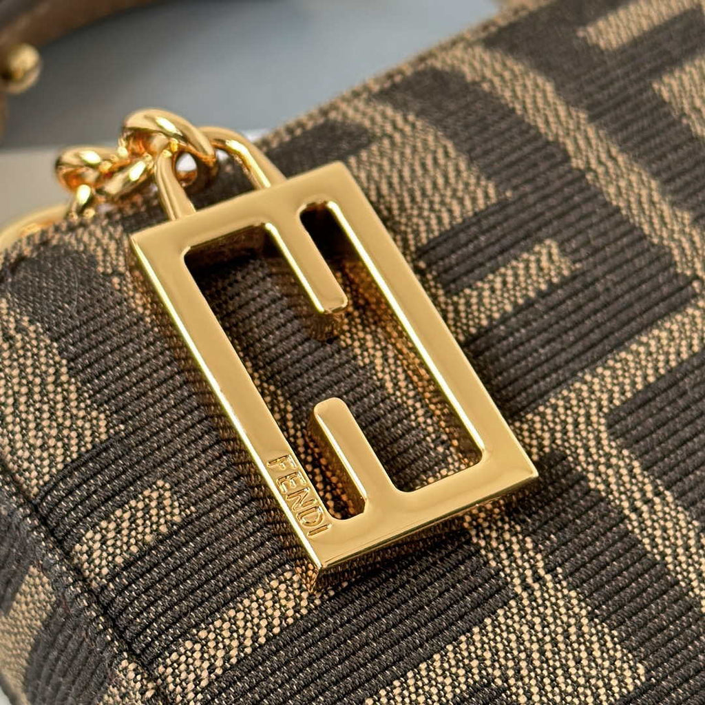 Fendi  8BS073 Baguette Pouch Bronw denim-effect FF jacquard charm pouch with chain
