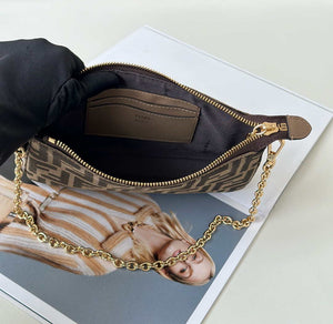 Fendi  8BS073 Baguette Pouch Bronw denim-effect FF jacquard charm pouch with chain - Default Title - View 9