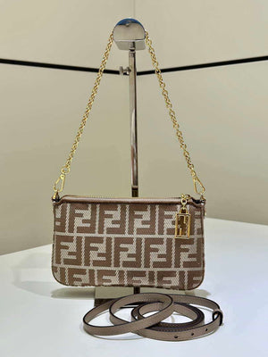 Fendi  8BS073 Baguette Pouch Gray denim-effect FF jacquard charm pouch with chain - Default Title - View 1