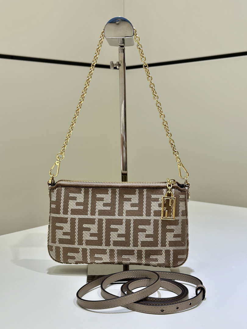Fendi  8BS073 Baguette Pouch Gray denim-effect FF jacquard charm pouch with chain