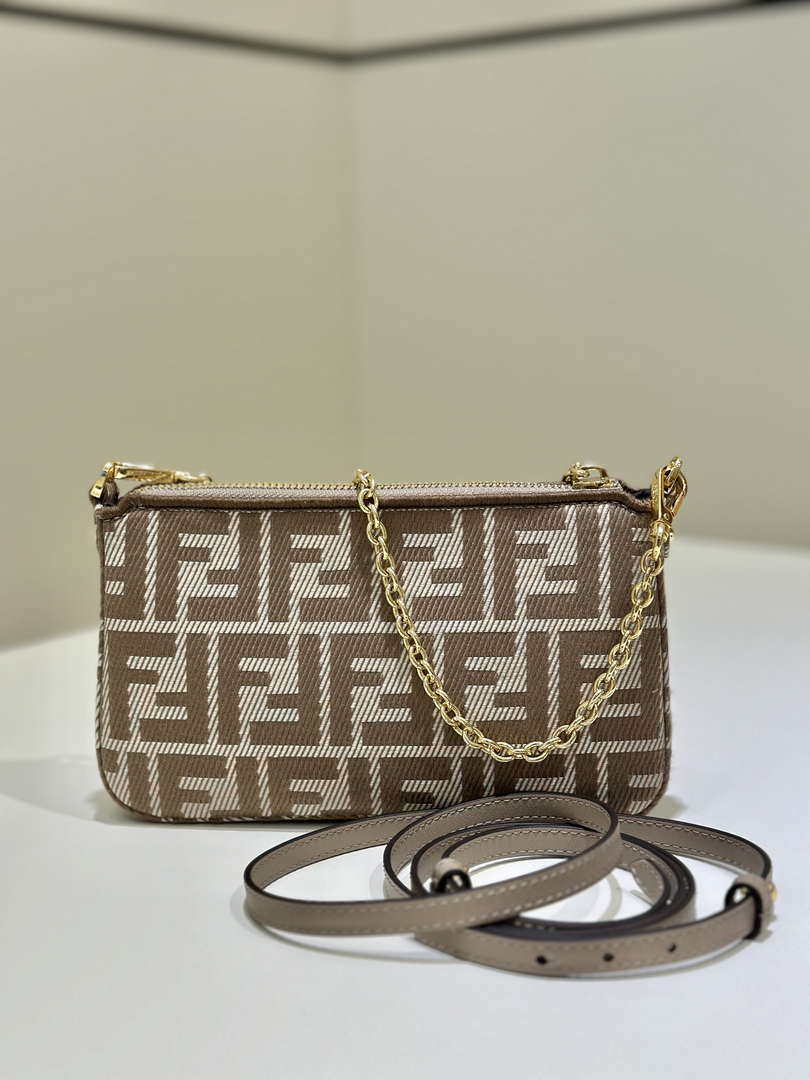 Fendi  8BS073 Baguette Pouch Gray denim-effect FF jacquard charm pouch with chain - Default Title - View 2