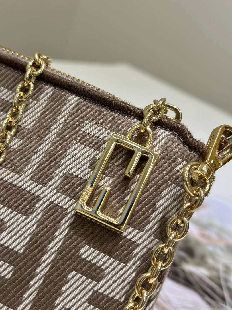 Fendi  8BS073 Baguette Pouch Gray denim-effect FF jacquard charm pouch with chain
