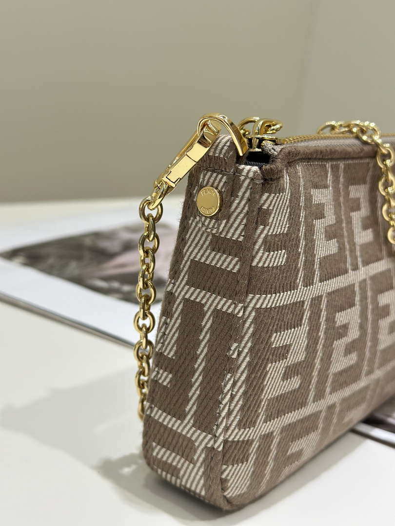 Fendi  8BS073 Baguette Pouch Gray denim-effect FF jacquard charm pouch with chain