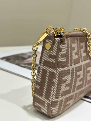 Fendi  8BS073 Baguette Pouch Gray denim-effect FF jacquard charm pouch with chain - Default Title - View 4