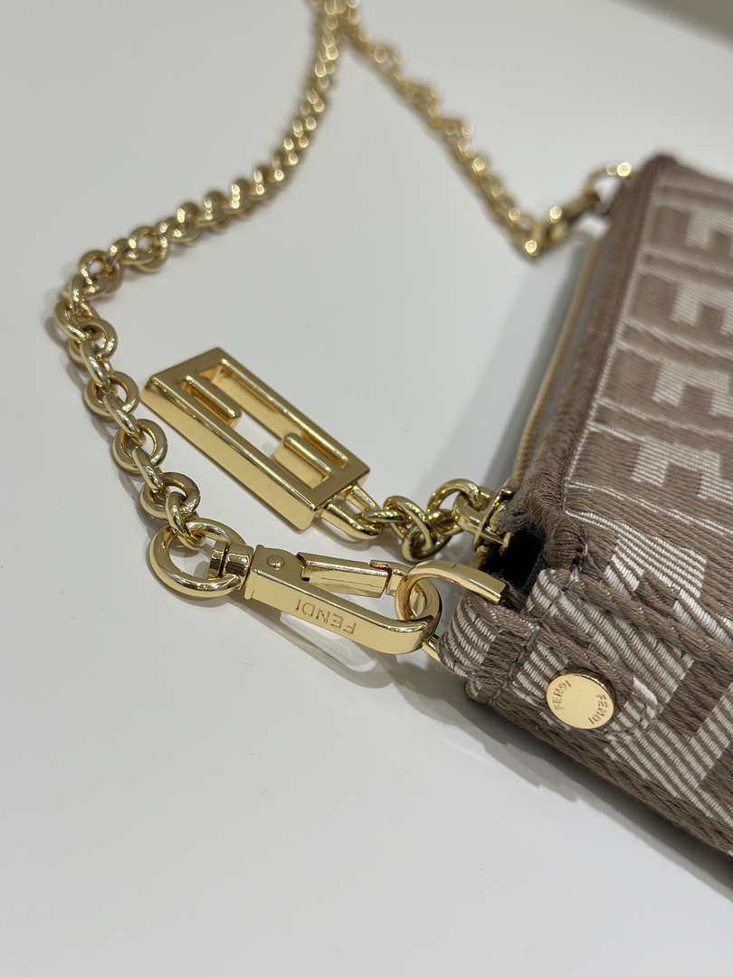 Fendi  8BS073 Baguette Pouch Gray denim-effect FF jacquard charm pouch with chain