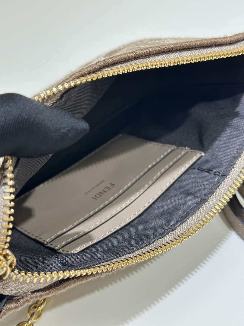 Fendi  8BS073 Baguette Pouch Gray denim-effect FF jacquard charm pouch with chain - Default Title - View 8