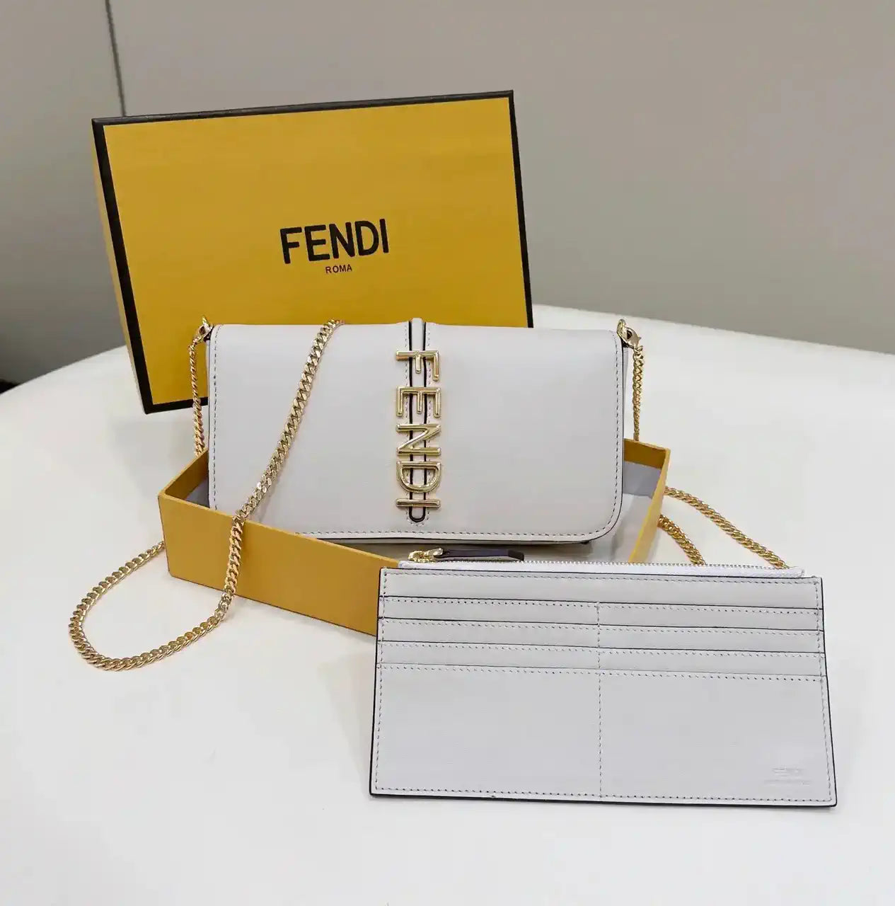 Fendi  8BS076 Fendigraphy Wallet On Chain White leather wallet