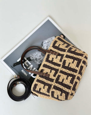 Fendi 8BS096 Roll Mini Brown FF raffia crochet mini bag 8655 - Default Title - View 1