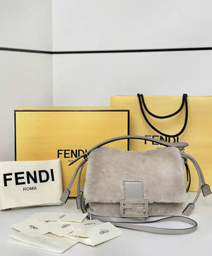 Fendi 8BS105ABVEF0K7E Small Mamma Baguette Beige shearling bag 8693s - Default Title - View 1