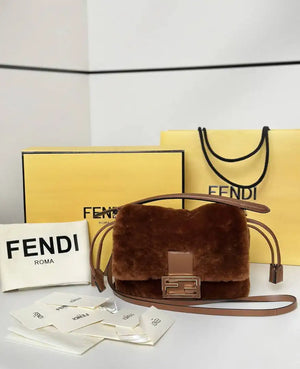 Fendi 8BS105ABVEF0K7E Small Mamma Baguette Brown shearling bag 8693s - Default Title - View 1