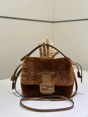 Fendi 8BS105ABVEF0K7E Small Mamma Baguette Brown shearling bag 8693s - Default Title - View 2