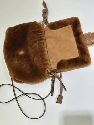 Fendi 8BS105ABVEF0K7E Small Mamma Baguette Brown shearling bag 8693s - Default Title - View 8