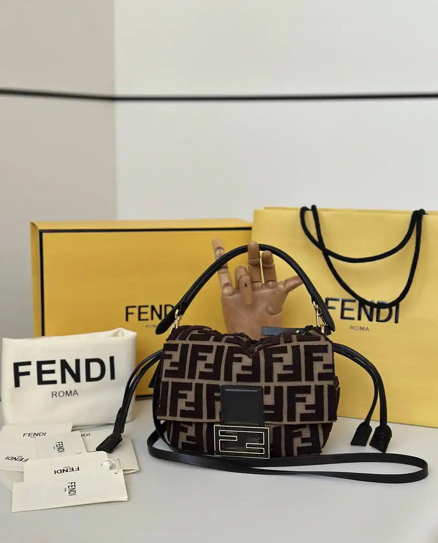 Fendi 8BS105AV5WF1SXQ Mamma Baguette Small Navy Brown-effect FF jacquard mini-bag miniature 8692s - Default Title - View 1