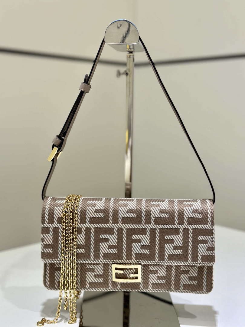 Fendi 8M0498 Wallet On Chain Baguette Gray denim-effect FF jacquard wallet