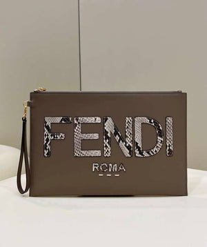 Fendi 8N0178AC9L Fendi logo flat pouch clutch 8370L Gray - Default Title - View 1