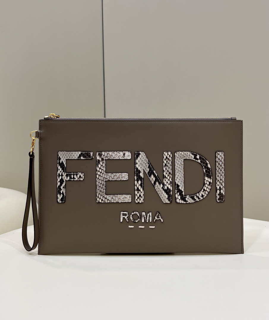 Fendi 8N0178AC9L Fendi logo flat pouch clutch 8370L Gray - Default Title - View 1