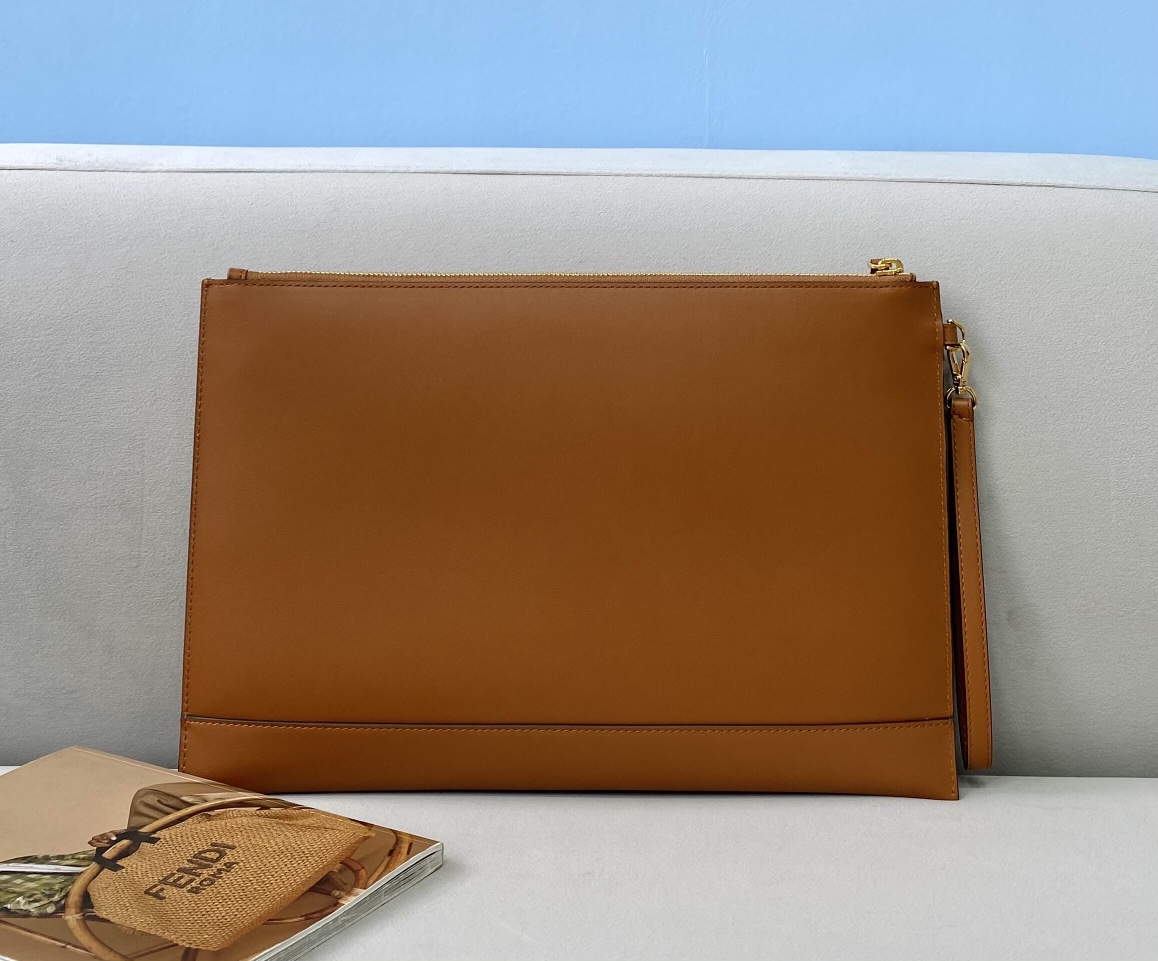 Fendi 8N0178AC9L Fendi logo flat pouch clutch 8370L Tan