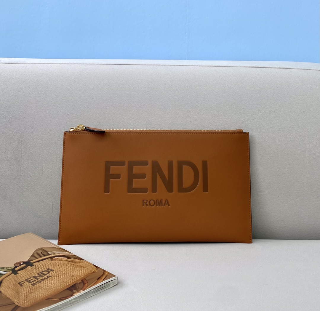 Fendi 8N0178AC9S Fendi logo flat pouch clutch 8370S Tan - Default Title - View 1