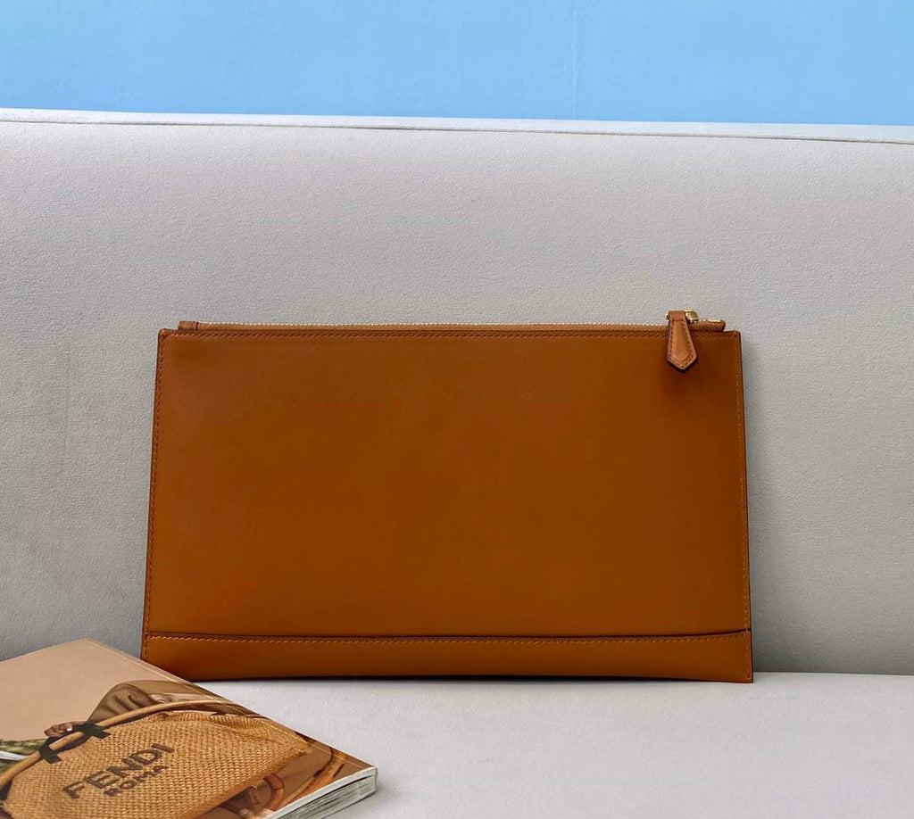Fendi 8N0178AC9S Fendi logo flat pouch clutch 8370S Tan
