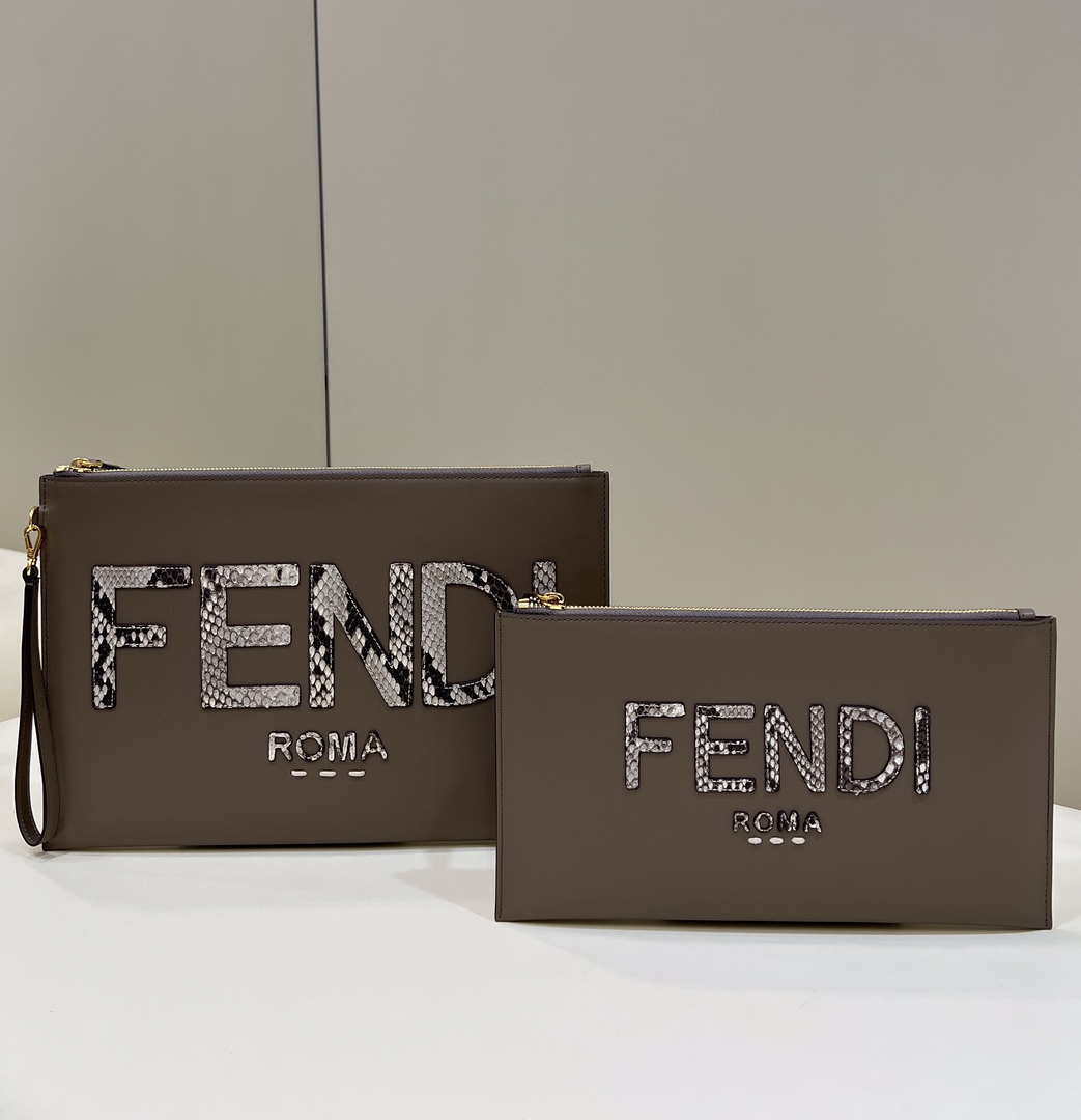 Fendi 8N0178AC9S Fendi logo flat pouch clutch 8370S Gray