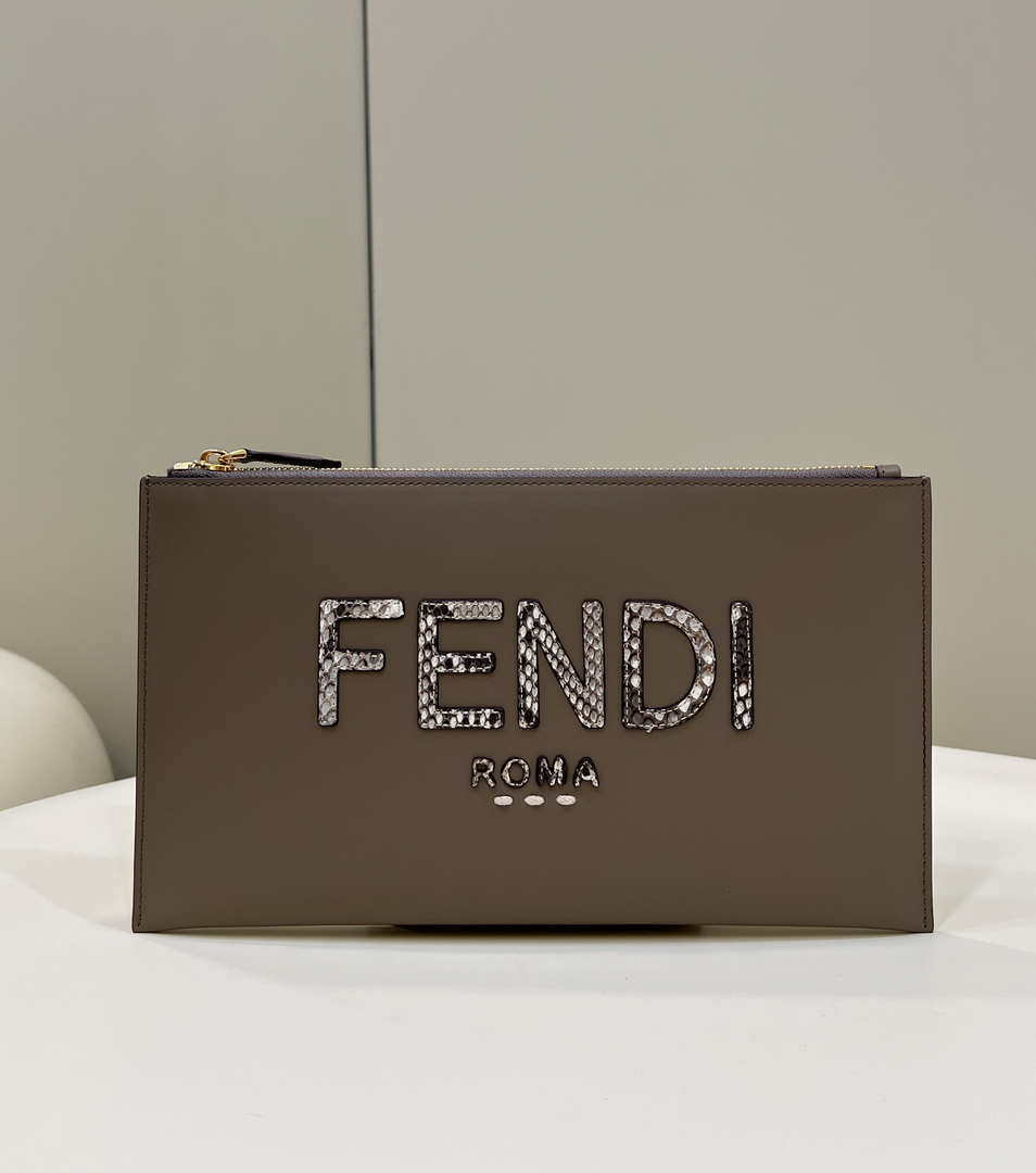 Fendi 8N0178AC9S Fendi logo flat pouch clutch 8370S Gray