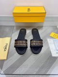 Fendi 8R8092 FF Interlace Leather Slides Flats Shoes Black - luxibagsmall