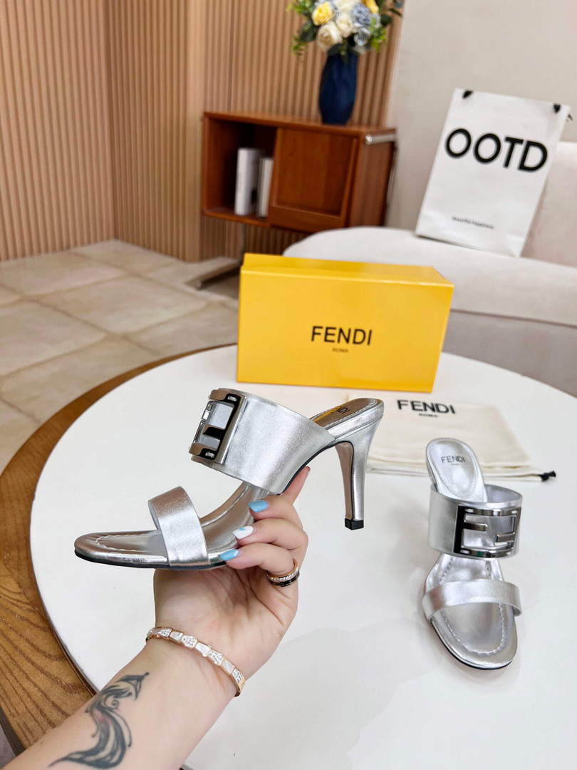 Fendi 8R8287 Baguette Slides Leather Silver