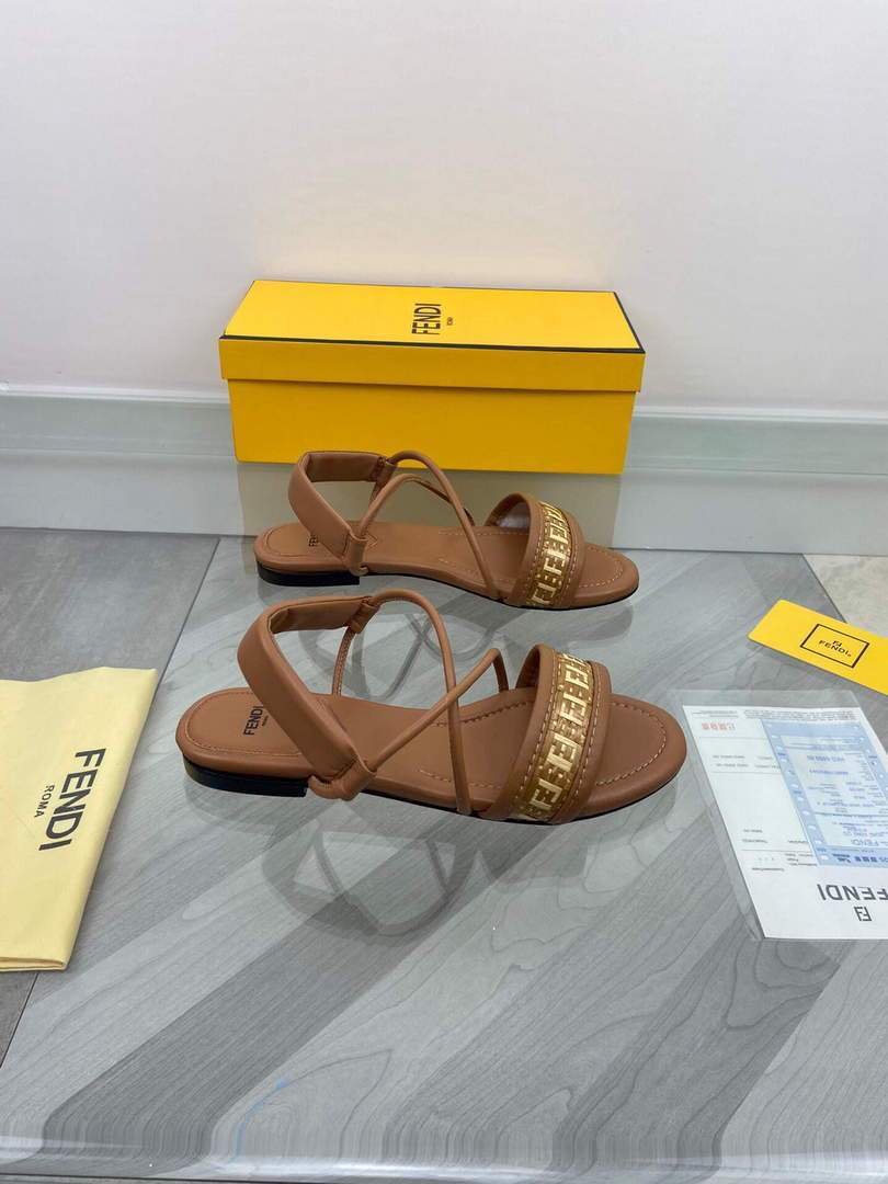 Fendi 8X8094 FF Interlace Leather Sandals Flats Shoes Brown - luxibagsmall