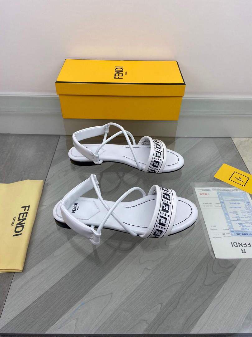 Fendi 8X8094 FF Interlace Leather Sandals Flats Shoes White - luxibagsmall