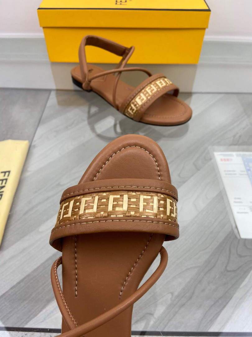 Fendi 8X8094 FF Interlace Leather Sandals Flats Shoes Brown - luxibagsmall