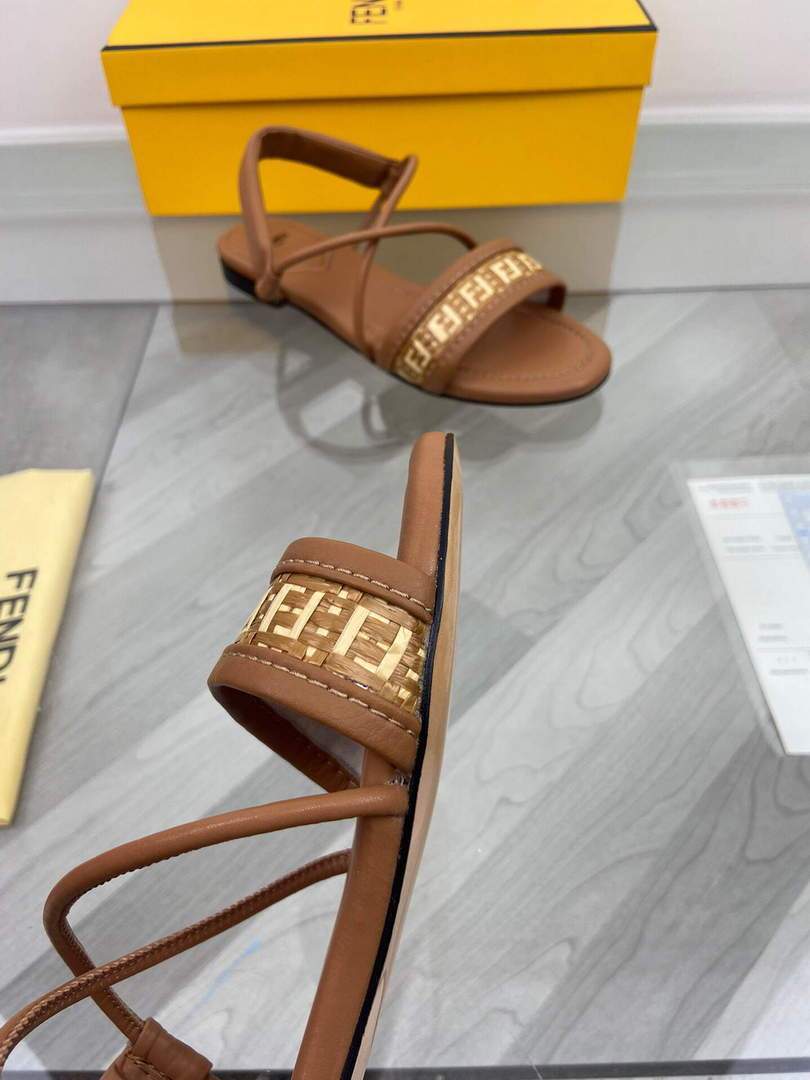 Fendi 8X8094 FF Interlace Leather Sandals Flats Shoes Brown - luxibagsmall