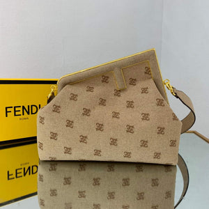 Fendi FIRST Medium Bag Beige flannel bag with embroidery  8BP127 - Default Title - View 1