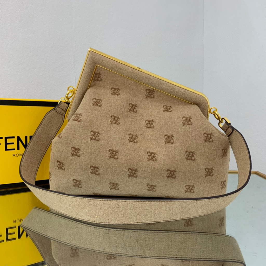 Fendi FIRST Medium Bag Beige flannel bag with embroidery  8BP127