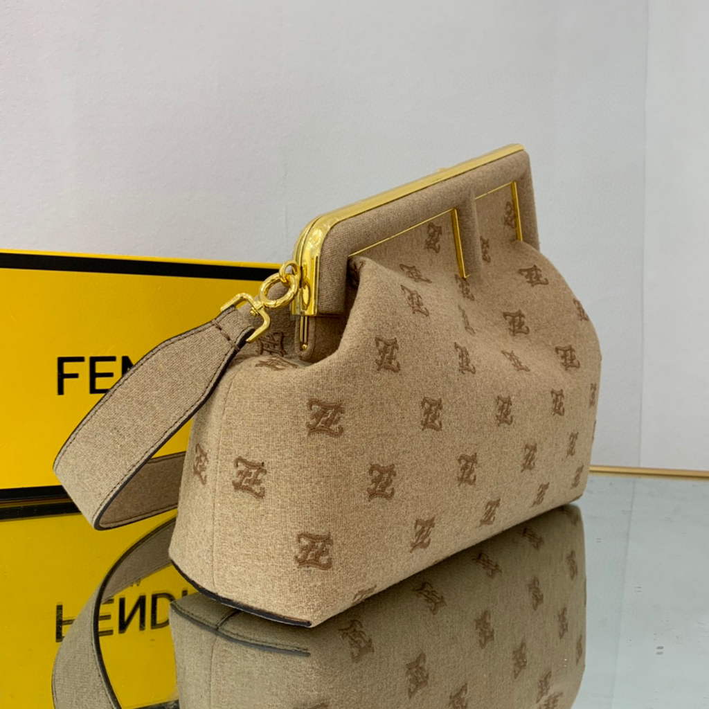Fendi FIRST Medium Bag Beige flannel bag with embroidery  8BP127