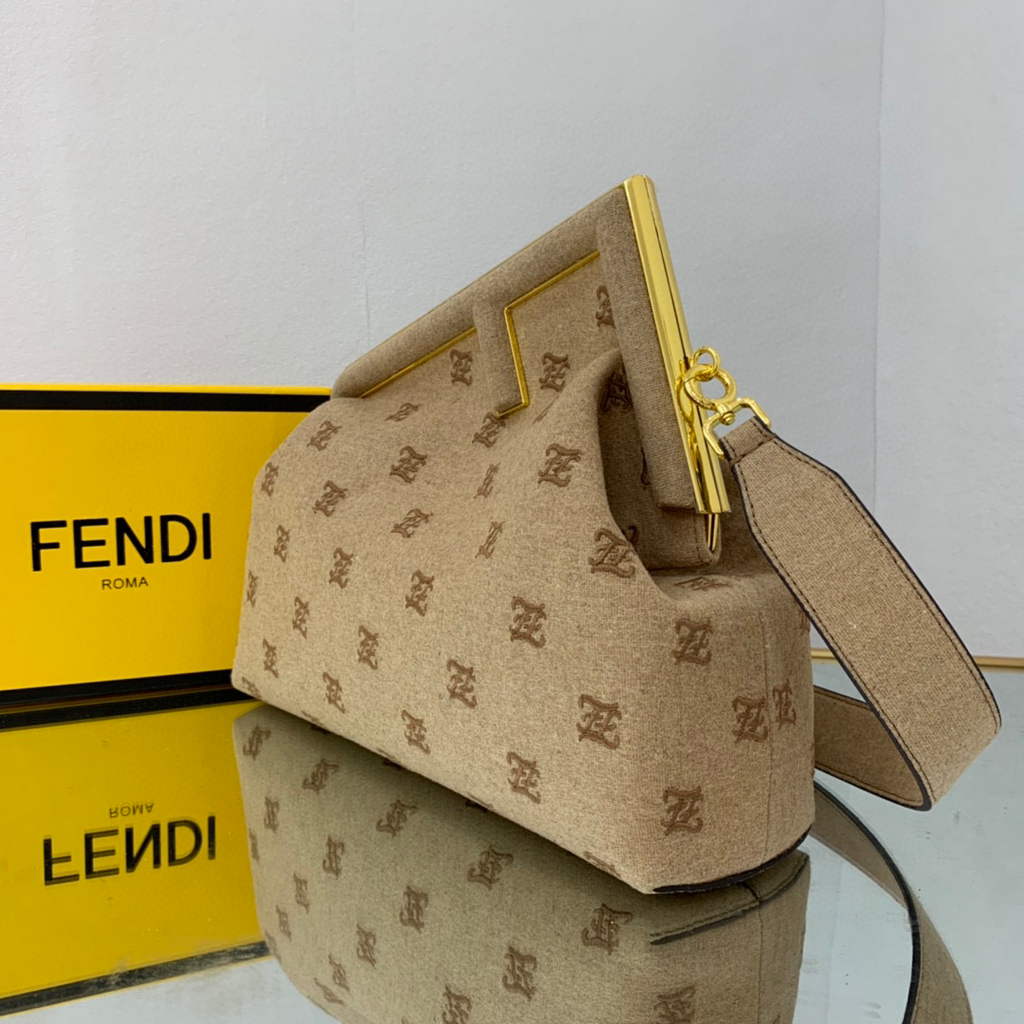 Fendi FIRST Medium Bag Beige flannel bag with embroidery  8BP127