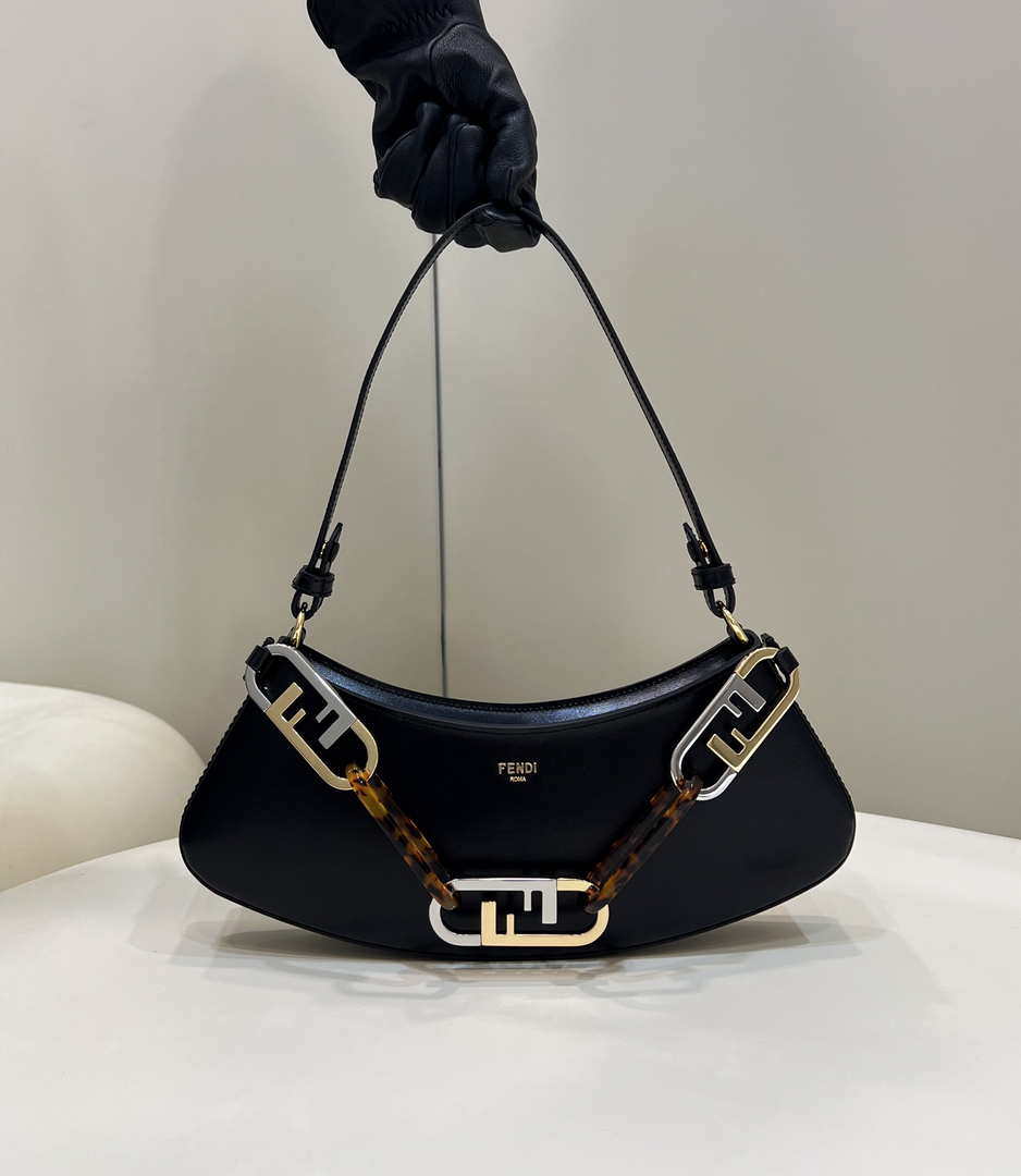 Fendi O'Lock Swing Camellia leather pouch 8BS068 Black
