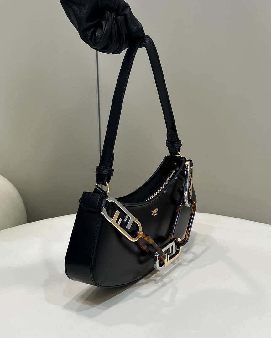 Fendi O'Lock Swing Camellia leather pouch 8BS068 Black