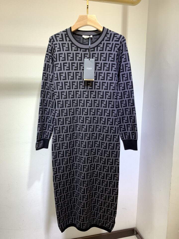 Fendi Women's Dress Designer Fendi FF motif fitted midi dress FZD753A5 Black and Grey